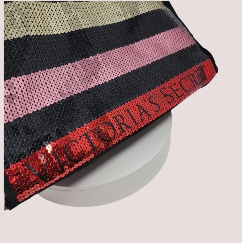Victoria's Secret Sequined Spellout Logo Striped on Black Large Tote Bag T16